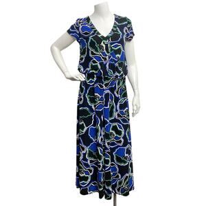 Chico's Travelers Blue Black Midi Dress Women Size 0 4/6 Jersey Waist Band Dress
